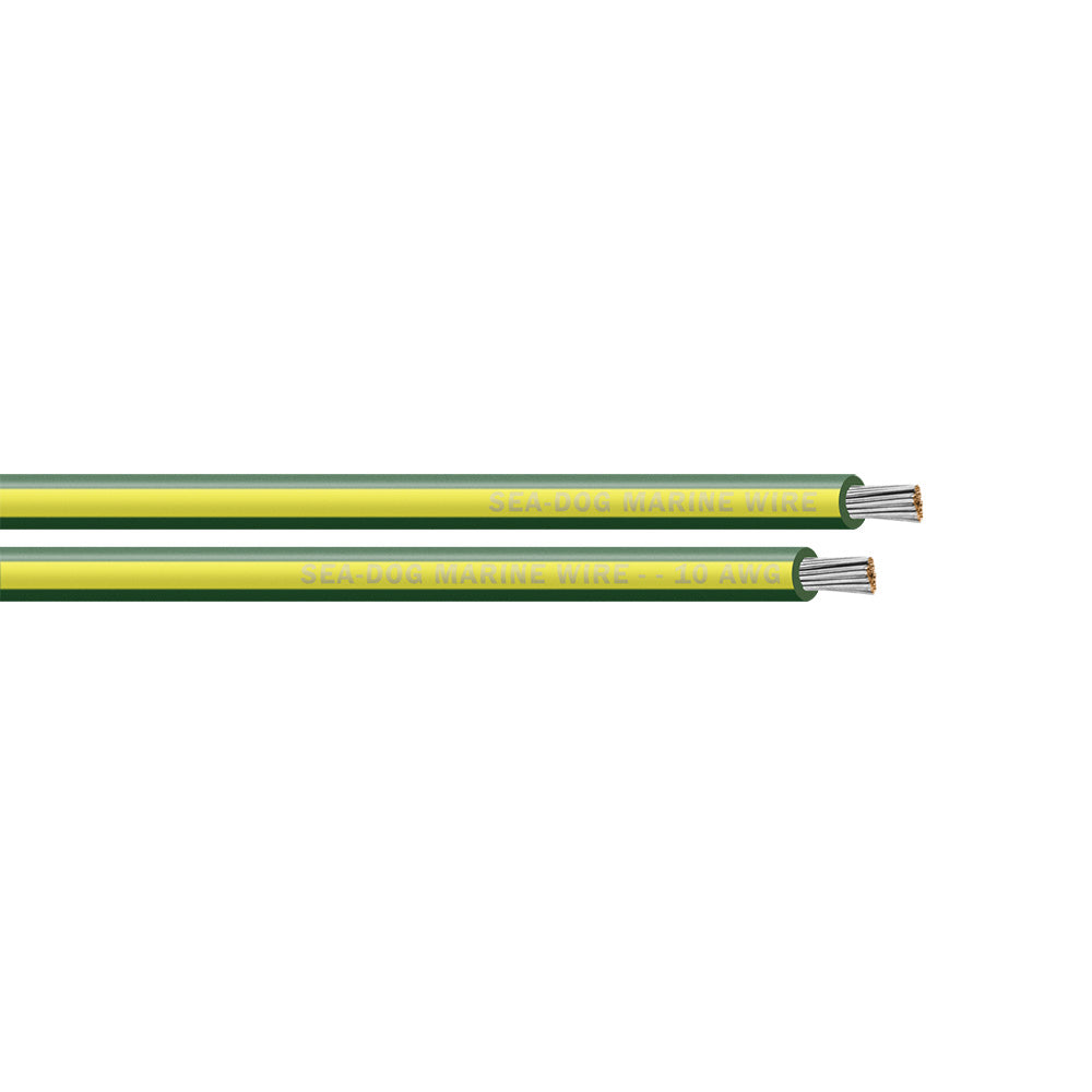 Sea-Dog 10 AWG green and yellow striped primary wire, 25-foot length, suitable for marine electrical applications.