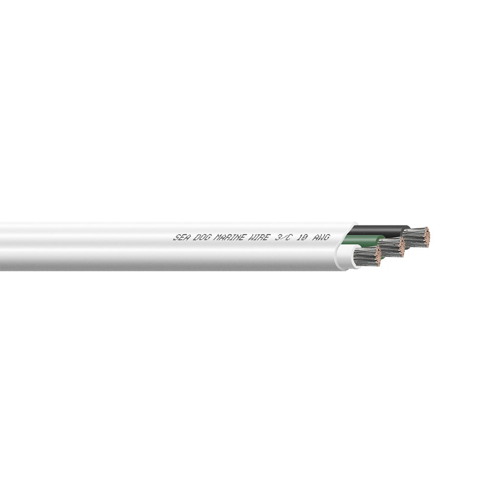 Sea-Dog 10/3 AWG flat triplex wire in white, green, and black, 500-foot spool, suitable for marine and electrical applications.