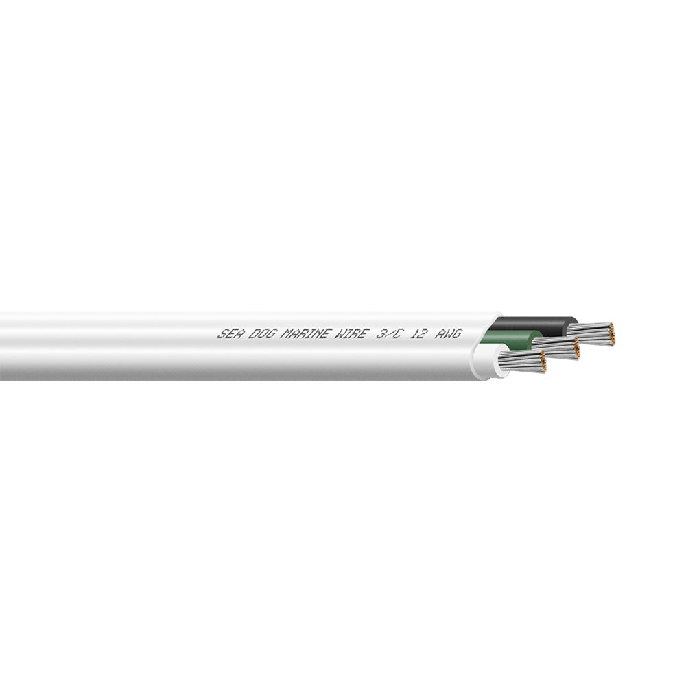 Sea-Dog 12/3 AWG flat triplex wire in white, green, and black, 100-foot length, heavy-duty electrical wire for marine use