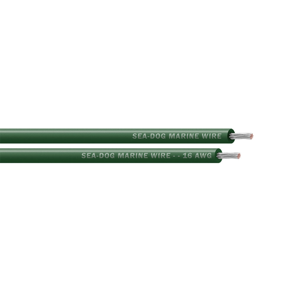 Sea-Dog 16 AWG green primary wire, 100-foot spool, flexible electrical wire for marine or electrical applications.