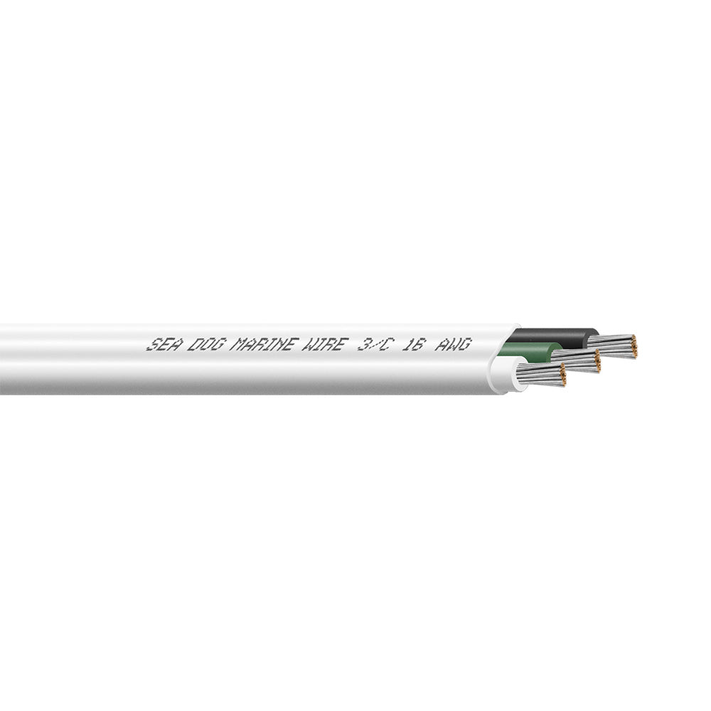 Sea-Dog 16/3 AWG flat triplex wire in white, green, and black, 1000-foot roll, showing the multi-colored insulated electrical wire.