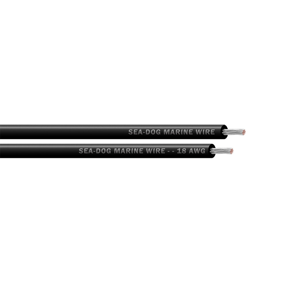 Sea-Dog 18 AWG black primary wire, 25-foot length, designed for marine electrical applications, shown coiled and ready for installation.