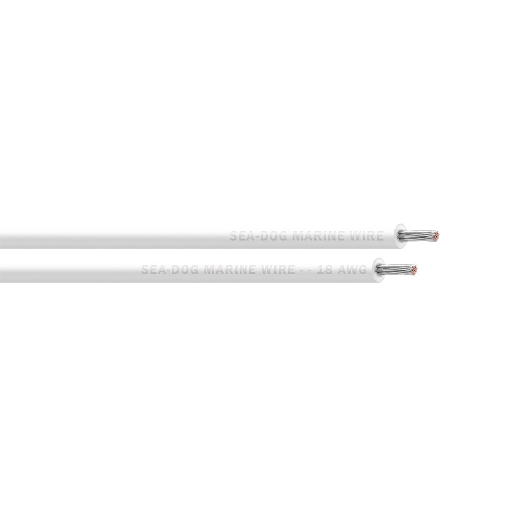 Sea-Dog 18 AWG white primary wire, 100-foot roll, showing flexible copper wire with white insulation for marine electrical projects.