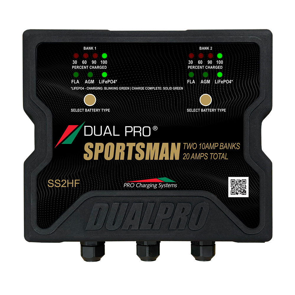 Dual Pro Dual Pro Sportsman Series HF Battery Charger, 20 Amp, 2 Bank, for marine and RV batteries with durable build and advanced charging features.