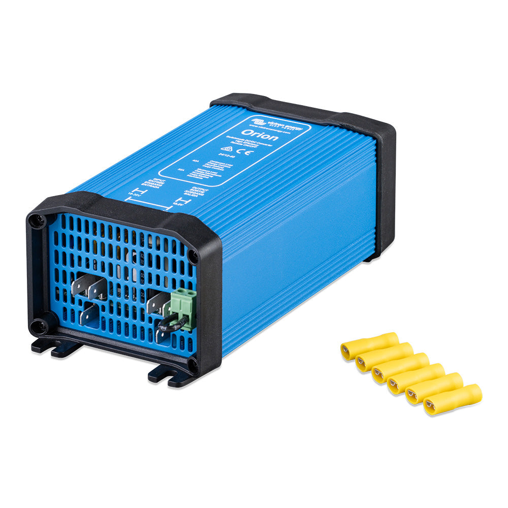 Victron Energy Orion 24/12-60 DC-DC converter showing a compact black device with input and output terminals for voltage conversion.
