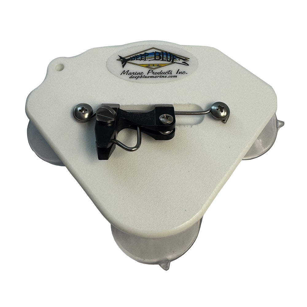 Deep Blue Marine quick clip with suction cup mount for fishing accessories, ideal for secure attachment on boats or surfaces.