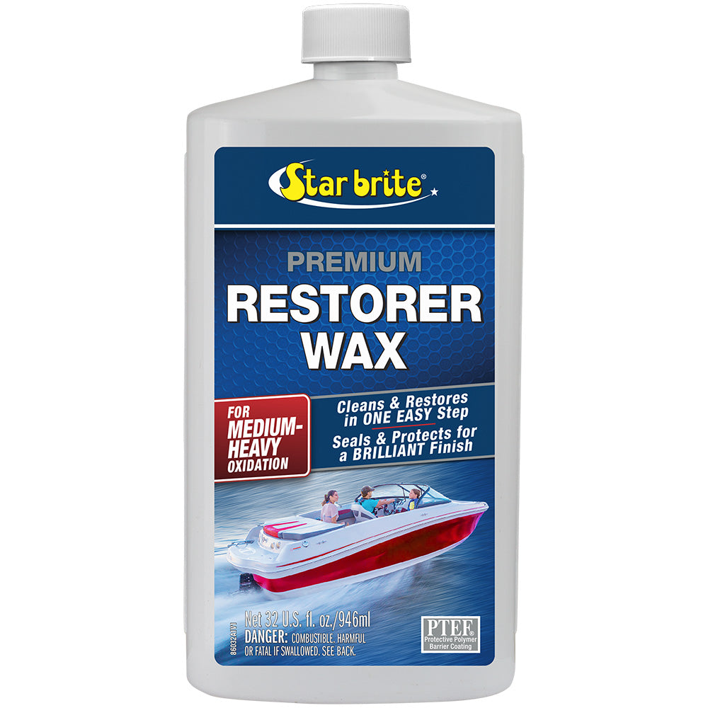 Star Brite Premium Restorer Wax in 32 oz bottle, designed for cleaning and restoring medium to heavy oxidation on boats and vehicles.