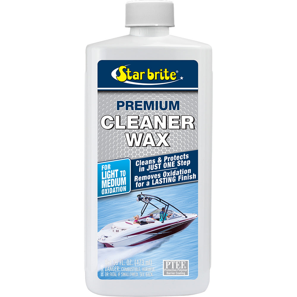 Star brite Premium Cleaner Wax in a 16 oz bottle, featuring a clean and shiny surface with a white and blue label.