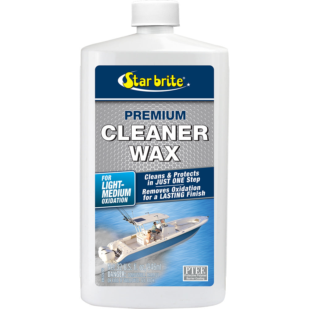 Star brite Premium Cleaner Wax in a 32 oz bottle, featuring a one-step cleaning and waxing solution for boat and vehicle surfaces.