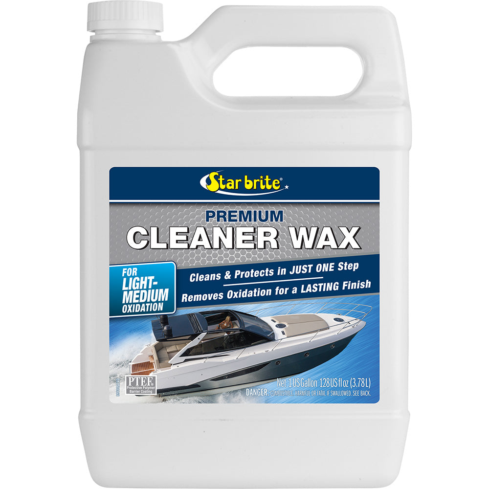 Star Brite Premium Cleaner Wax in a gallon container, showing the cleaning and waxing product for boats and vehicles.
