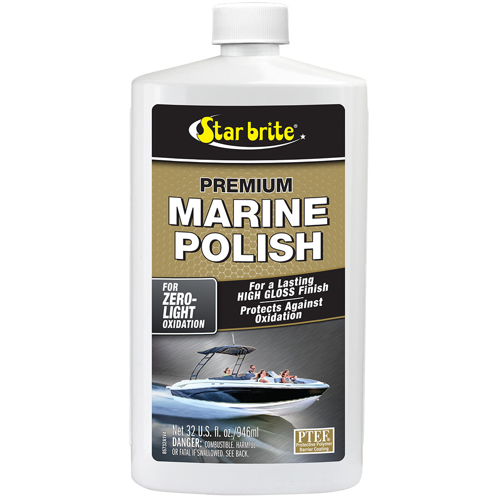Star brite Premium Marine Polish with UV protection, showcasing a high-gloss finish on a boat's surface.