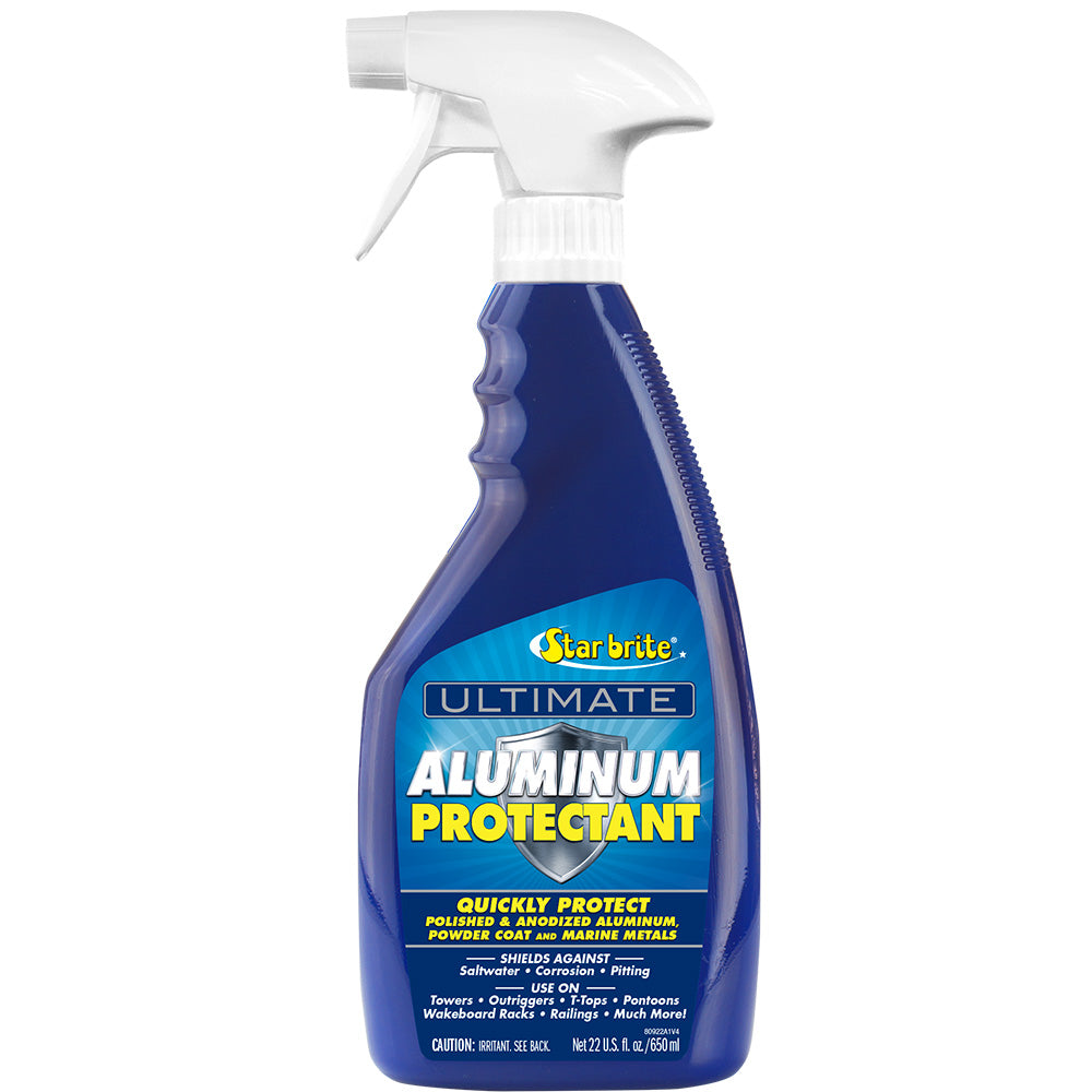 Star brite Ultimate Aluminum Protectant spray bottle for cleaning and restoring aluminum surfaces.