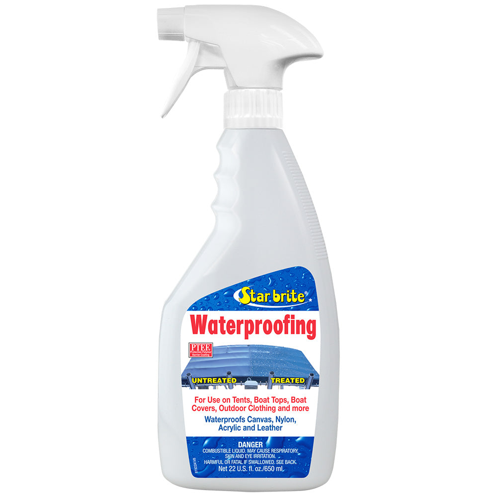 Star brite Waterproofing Spray 22 oz for stain protection, shown in spray bottle, ideal for cleaning and waterproofing outdoor fabrics.