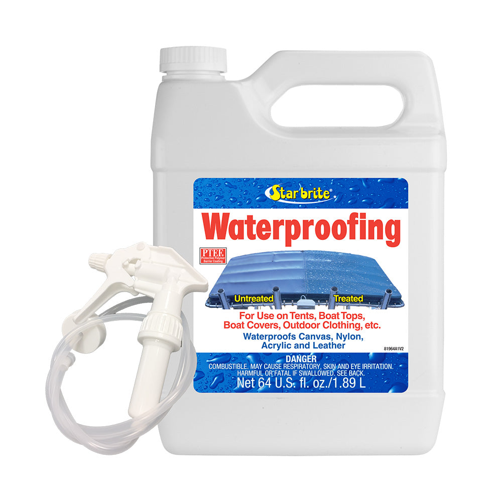 Star brite Waterproofing Spray for stain protection, 64 oz, used on fabric and outdoor surfaces for waterproofing and stain resistance.