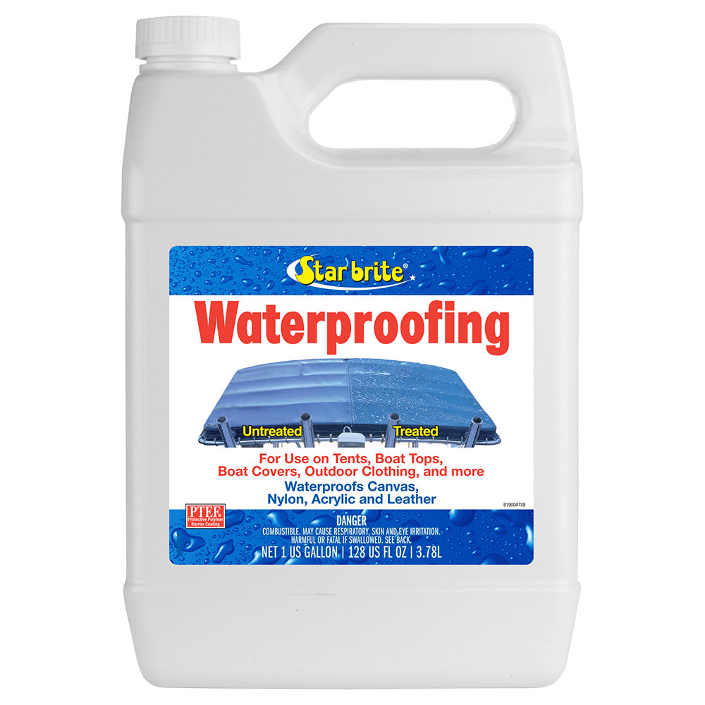 Star brite waterproofing spray for stain protection in a 1-gallon container, used for cleaning and weatherproofing outdoor surfaces.