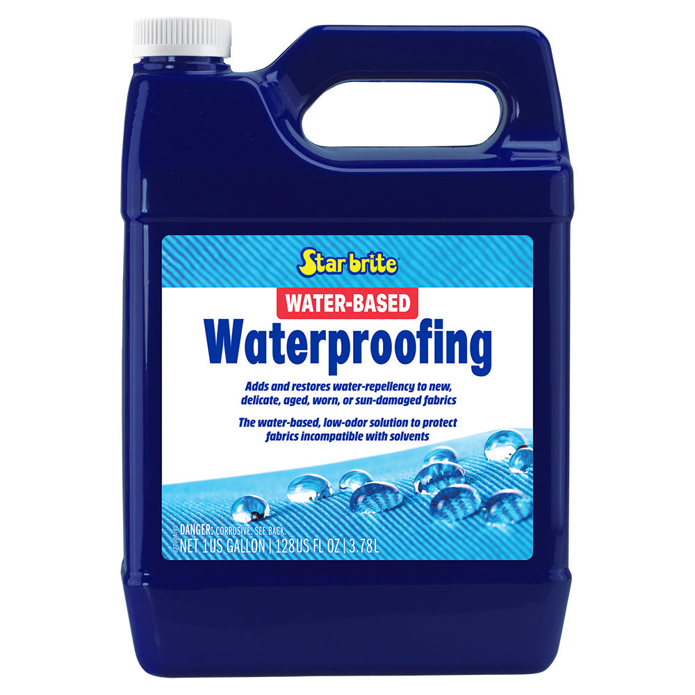 Star brite water-based waterproofing fabric protectant in a 1-gallon container, designed for cleaning and fabric protection.