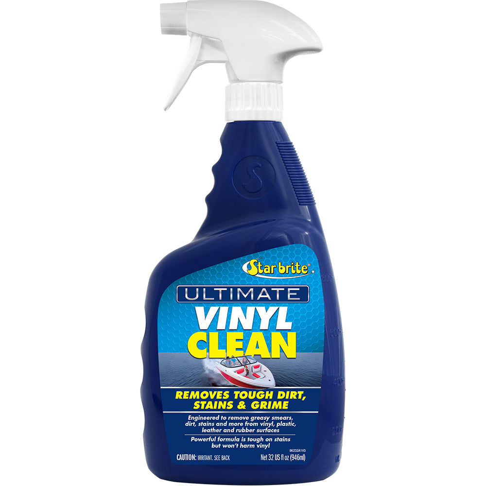 Star brite Ultimate Vinyl Clean Spray in 32 oz bottle, multi-surface cleaner shown with spray nozzle and clean vinyl surface