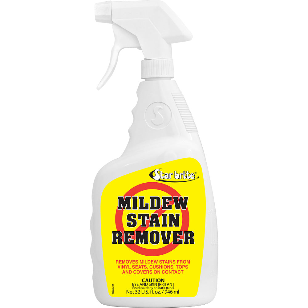 Star brite Mildew Stain Remover in 32 oz bottle, showing the cleaning product with label and cap, designed for mildew stain removal.