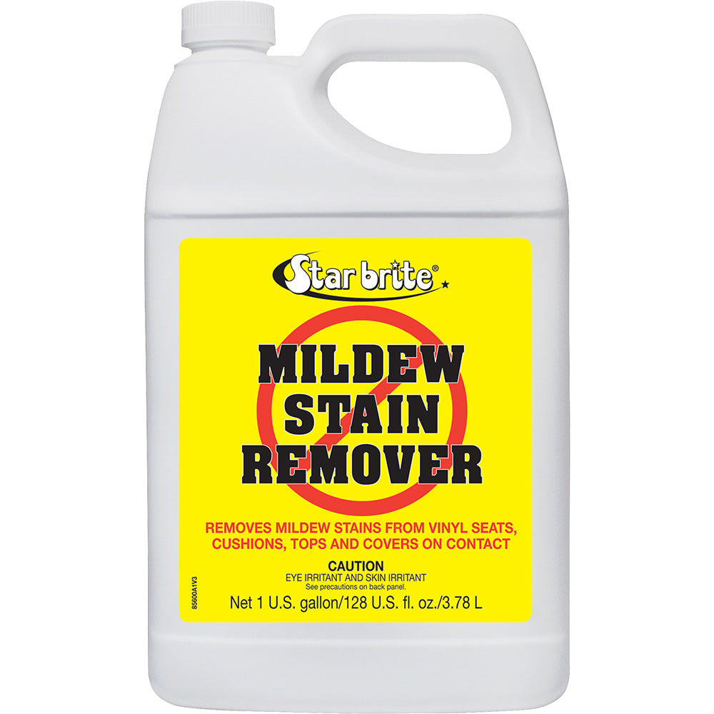 Star brite mildew stain remover in a 1-gallon container, designed for cleaning and removing mildew stains from surfaces.