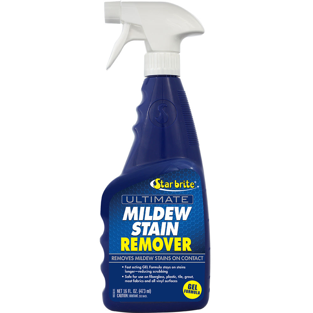 Star brite Ultimate Mildew Stain Remover gel formula in a 16 oz bottle, shown with the product label and applicator tip.