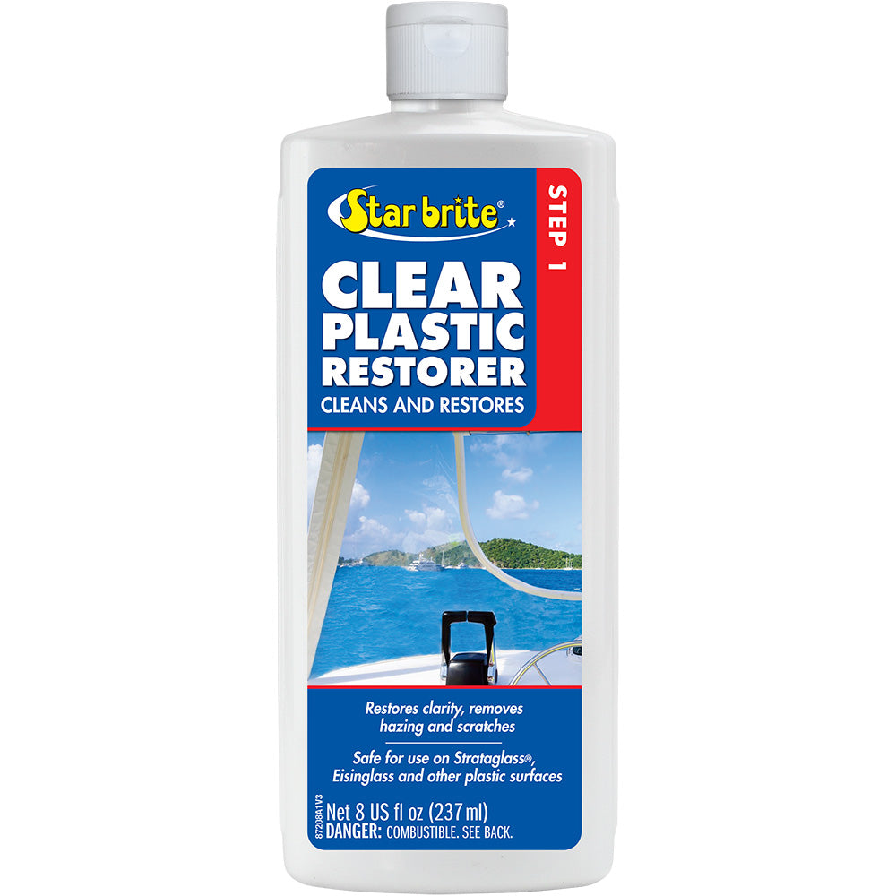Star brite Clear Plastic Restorer Step 1 in 8 oz bottle, a cleaning product for restoring clarity to plastic surfaces.
