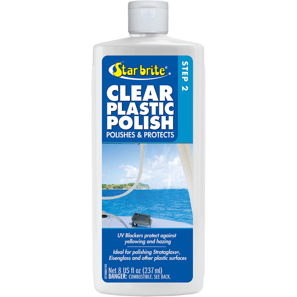 Star brite Clear Plastic Polish Step 2 in 8 oz bottle, designed to clean and restore clear plastic surfaces.