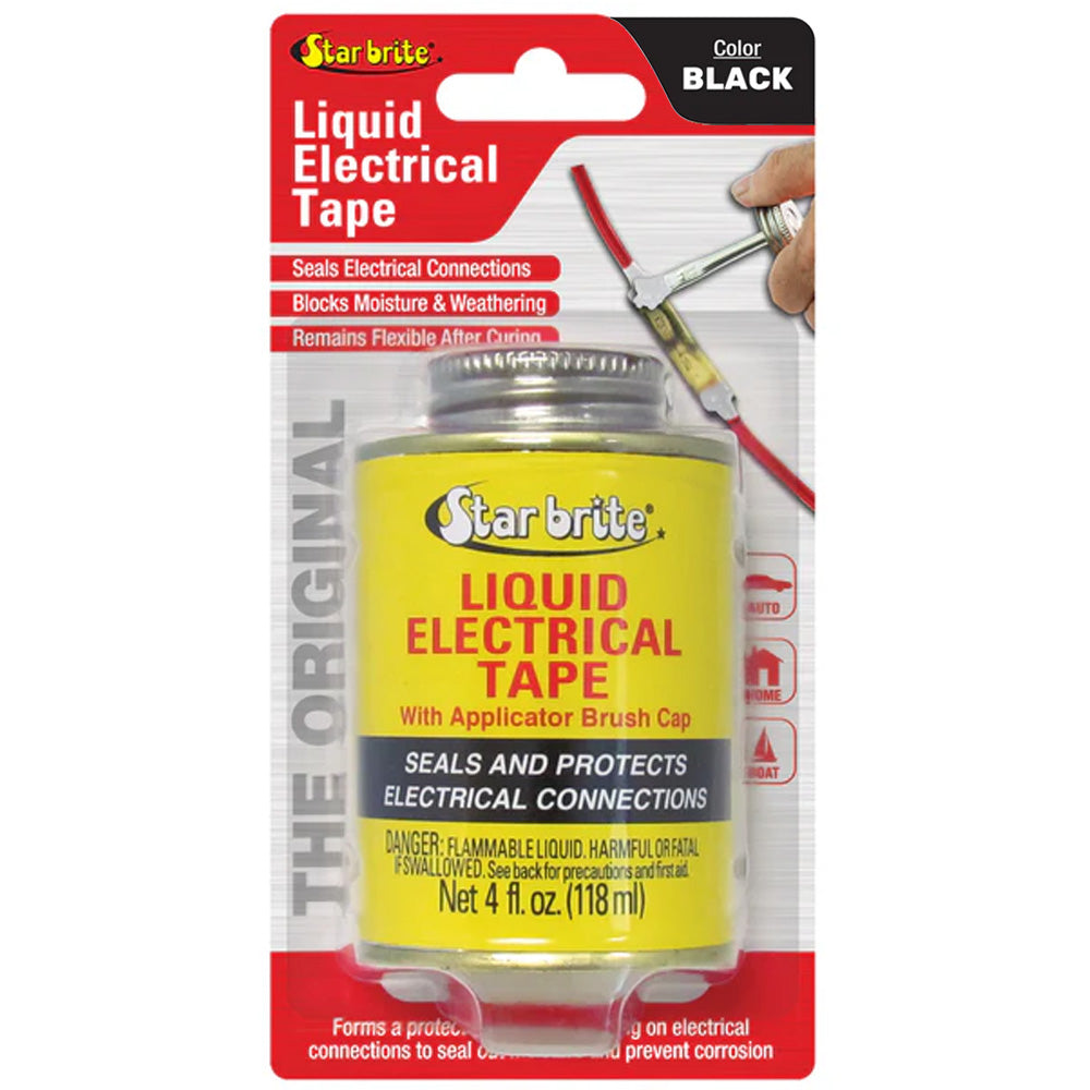 Star brite black liquid electrical tape in 4 oz container, designed for electrical insulation and waterproofing applications.
