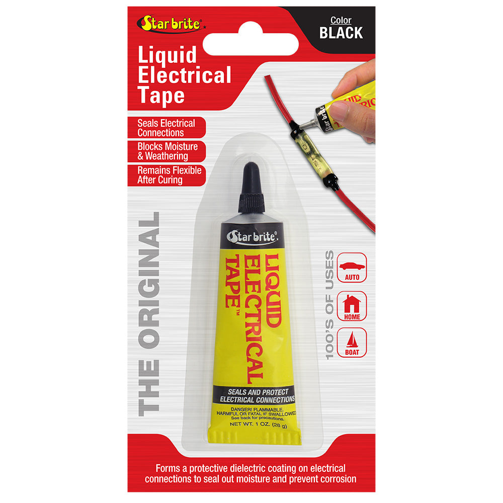 Star brite Liquid Electrical Tape in black, 1 oz bottle, used as an accessory for waterproofing and insulating electrical connections.