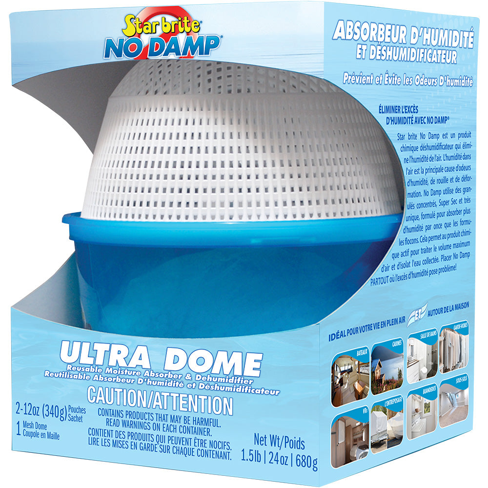 Star brite No Damp Ultra Dome Absorber dehumidifier in 24 oz container, designed for moisture absorption and cleaning.