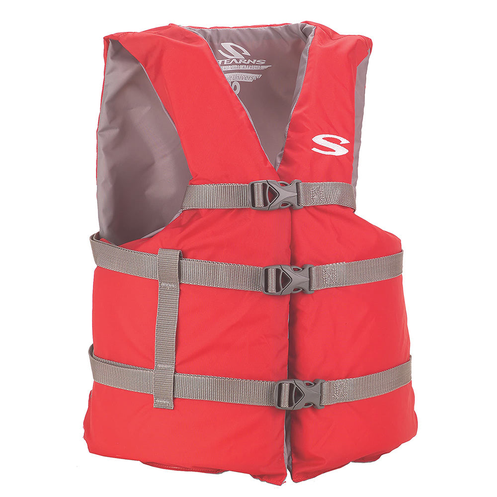 Stearns adult classic red PFD life vest designed for universal fit, shown in image with adjustable straps and front zipper.