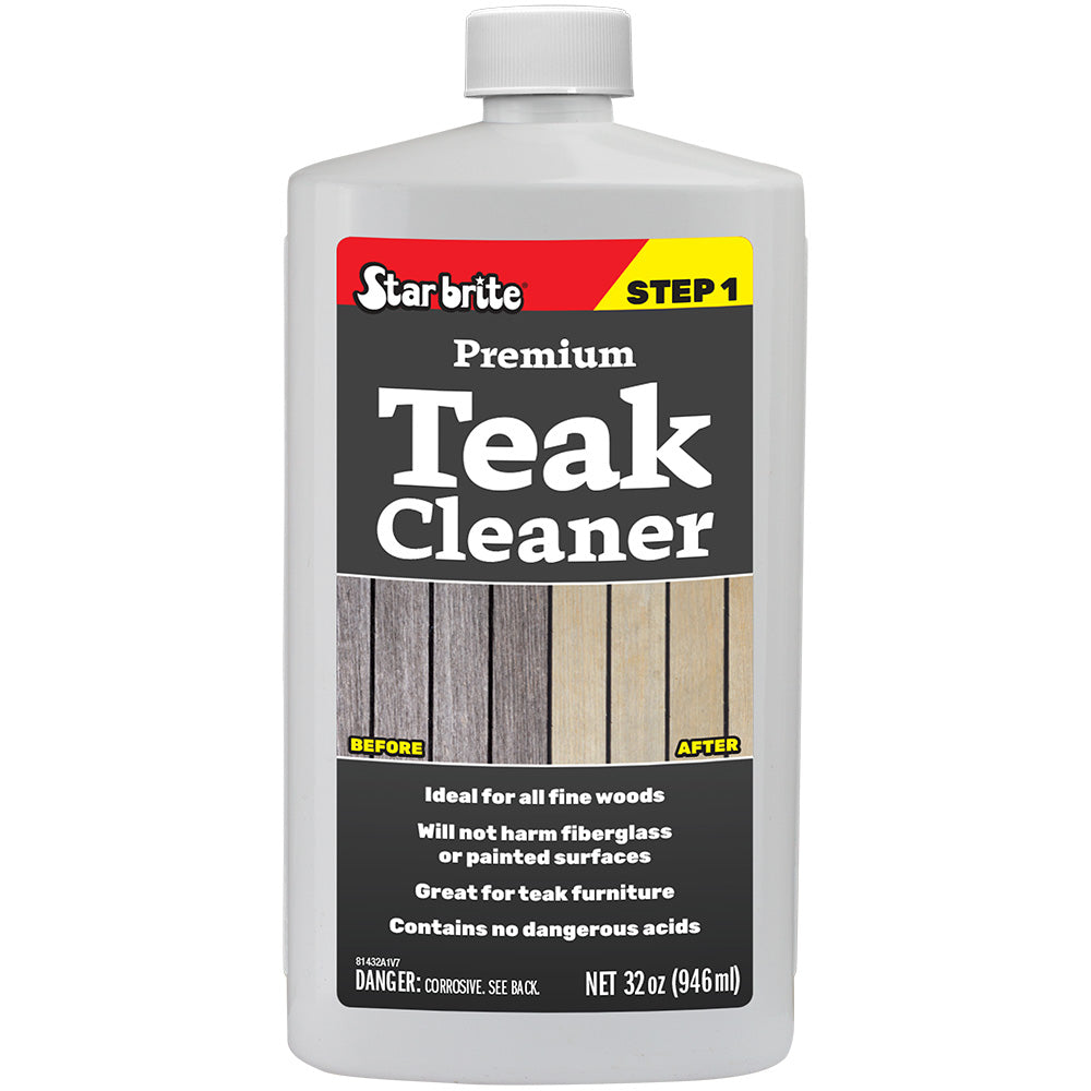 Star brite Premium Teak Cleaner Step 1 in 32 oz bottle, used for cleaning and brightening teak wood surfaces.