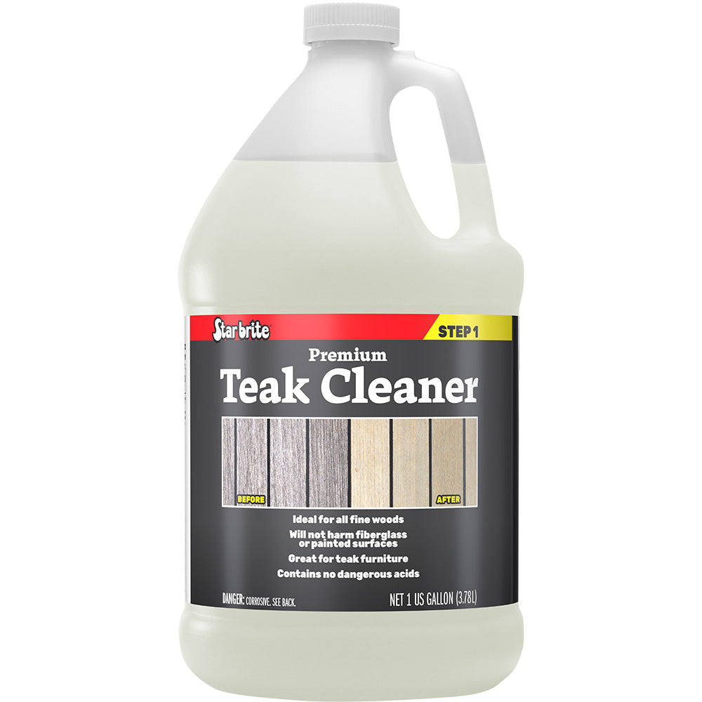 Star brite Premium Teak Cleaner in a 1-gallon container, designed for cleaning and restoring teak wood surfaces.