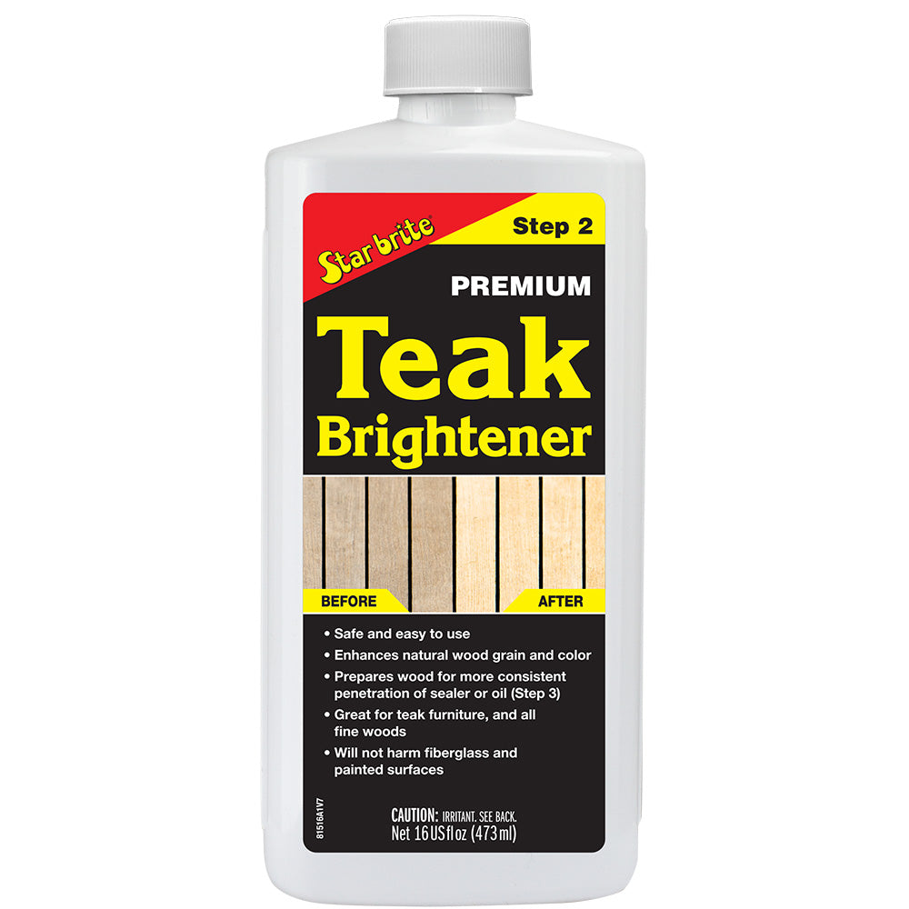 Star brite Premium Teak Brightener in 16 oz bottle, cleaning teak wood to restore its natural brightness and color.