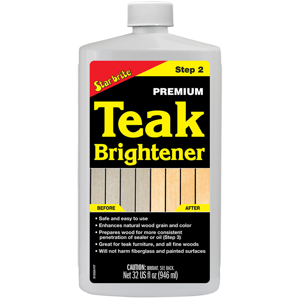 Star Brite Premium Teak Brightener in 32 oz bottle, cleaning and restoring teak wood with natural brightening formula.