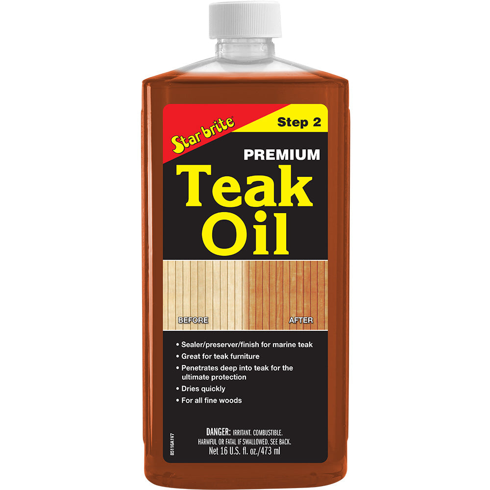 Star brite Premium Golden Teak Oil bottle, 16 oz, used for cleaning and protecting teak wood surfaces.