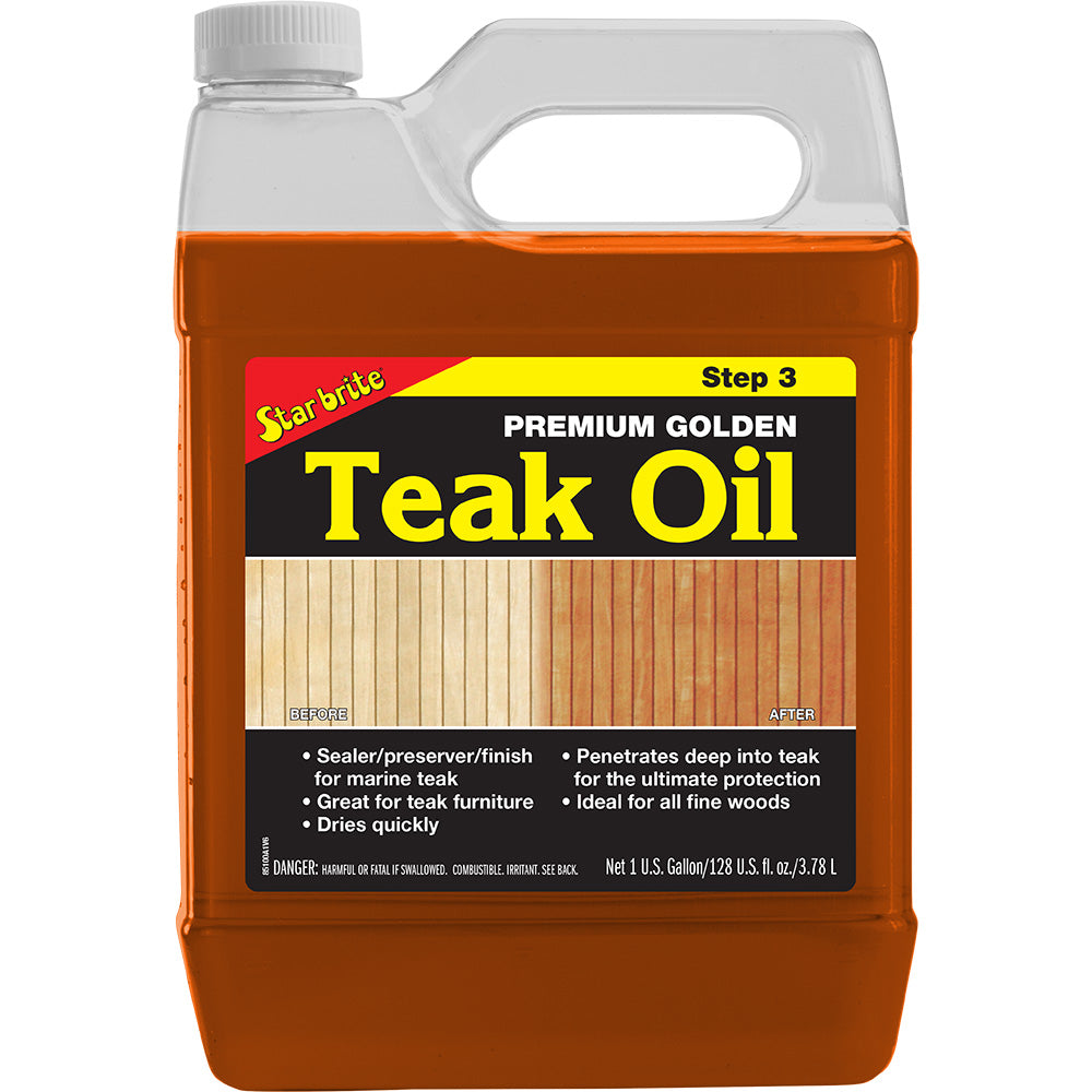 Star brite Premium Golden Teak Oil in a 1-gallon container, used for cleaning and nourishing teak wood surfaces.