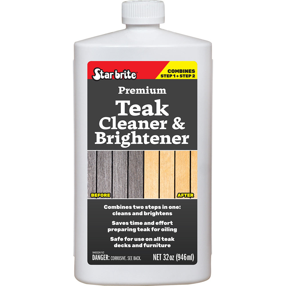 Star brite Premium Teak Cleaner and Brightener restoring and enhancing wood grain on teak wood in a 32 oz bottle.