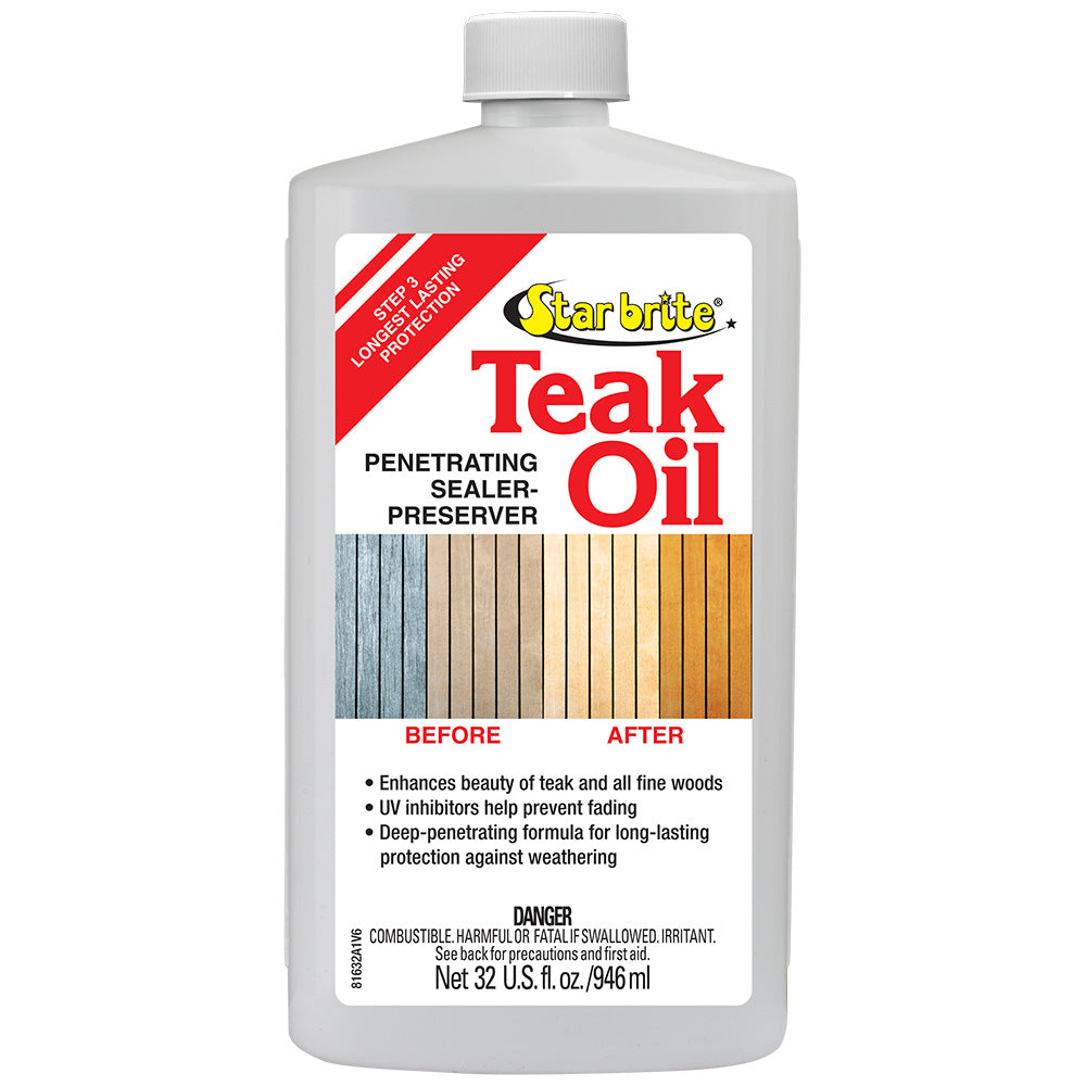 Star Brite Teak Oil in a 32 oz bottle, showing the container and teak wood surface for long-lasting sealing and UV protection.