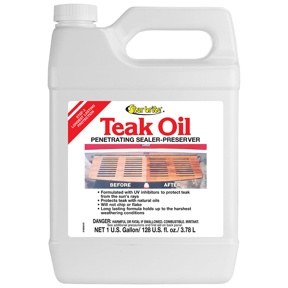 Star brite teak oil sealer and preserver with UV inhibitors, shown in a 1-gallon container for long-lasting wood protection.