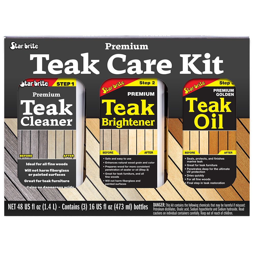 Star brite Premium Teak Care Kit with cleaning, brightening, and conditioning products in three 16 oz bottles for teak wood maintenance.