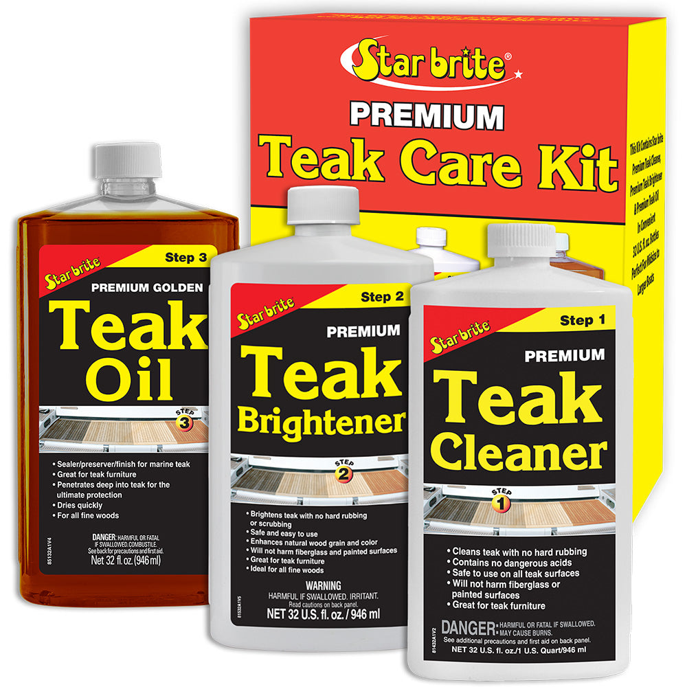Star brite Premium Teak Care Kit with cleaning supplies and tools for teak wood maintenance and restoration.