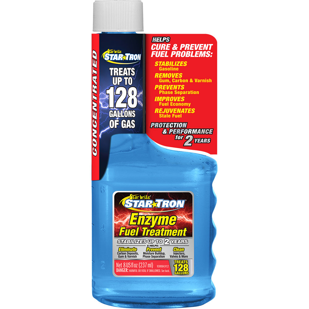 Star brite Star-Tron Gasoline Additive in 8 oz bottle, designed for cleaning and stabilizing fuel systems in engines.