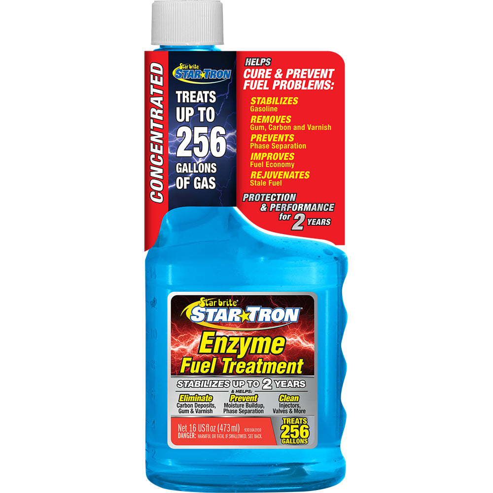 Star brite Star-Tron enzyme fuel treatment bottle, 16 oz, used for cleaning and maintaining fuel systems in boats and engines.