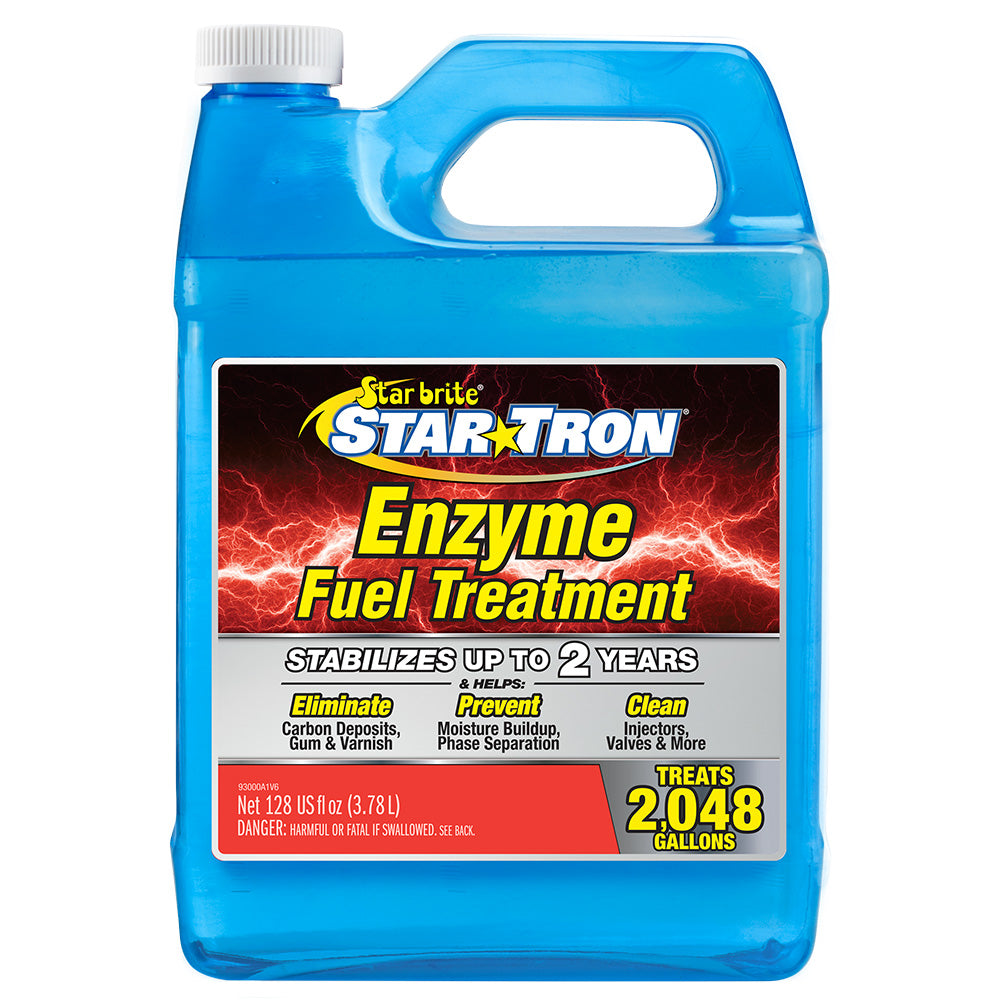 Star brite Star-Tron enzyme fuel treatment concentrate in a gallon container, used for cleaning and fuel system maintenance.