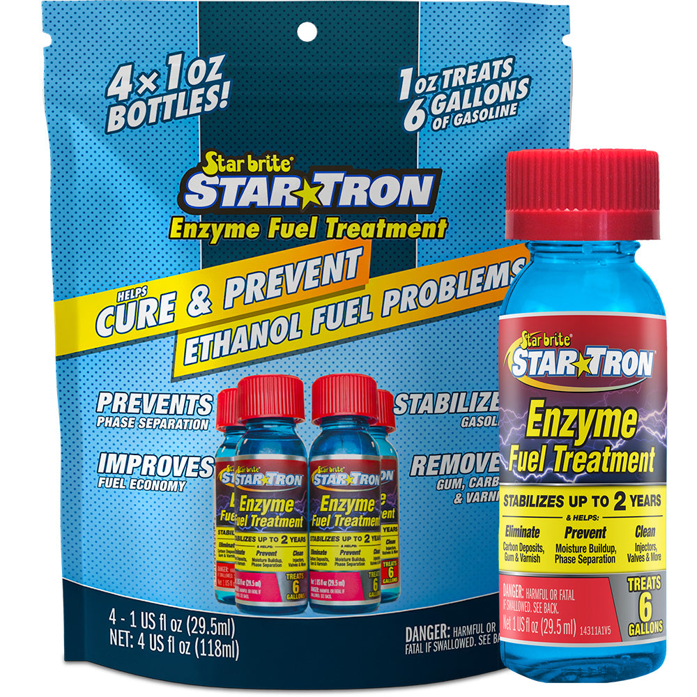 Star brite Star-Tron enzyme fuel treatment bottles, classic gas formula, four 1 oz bottles for cleaning and fuel system maintenance.