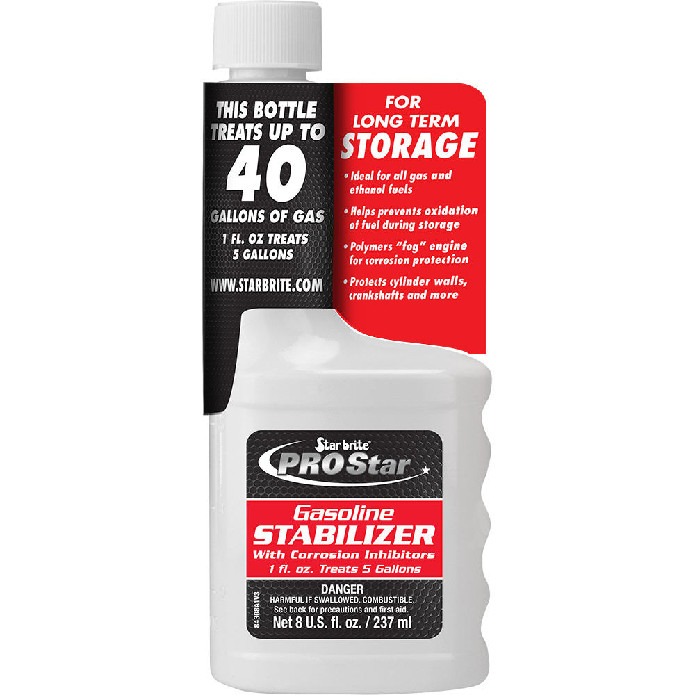 Star brite PRO Star Gas Stabilizer with corrosion inhibitors in an 8 oz bottle, used for fuel system cleaning and preservation.