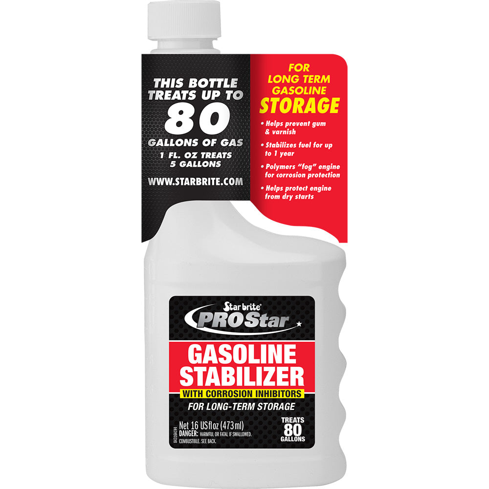 Star brite PRO Star Gas Stabilizer with corrosion inhibitors in a 16 oz bottle, designed for engine fuel system cleaning.