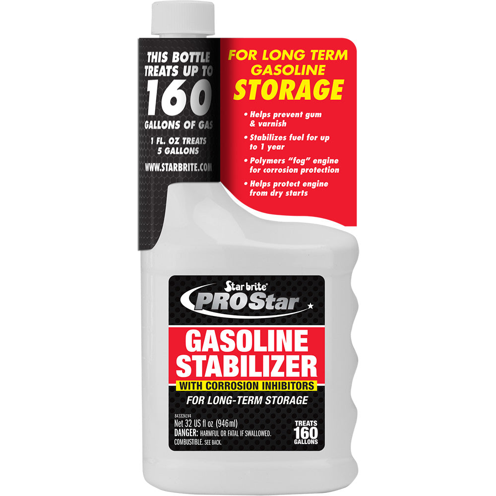 Star brite PRO Star Gas Stabilizer with corrosion inhibitors in a 32 oz bottle, designed for cleaning and protecting marine engines.