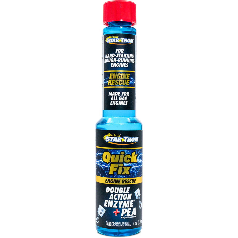 Star brite Star-Tron Quick Fix fuel system and injector cleaner in a 4 oz bottle, designed to clean and improve engine performance.
