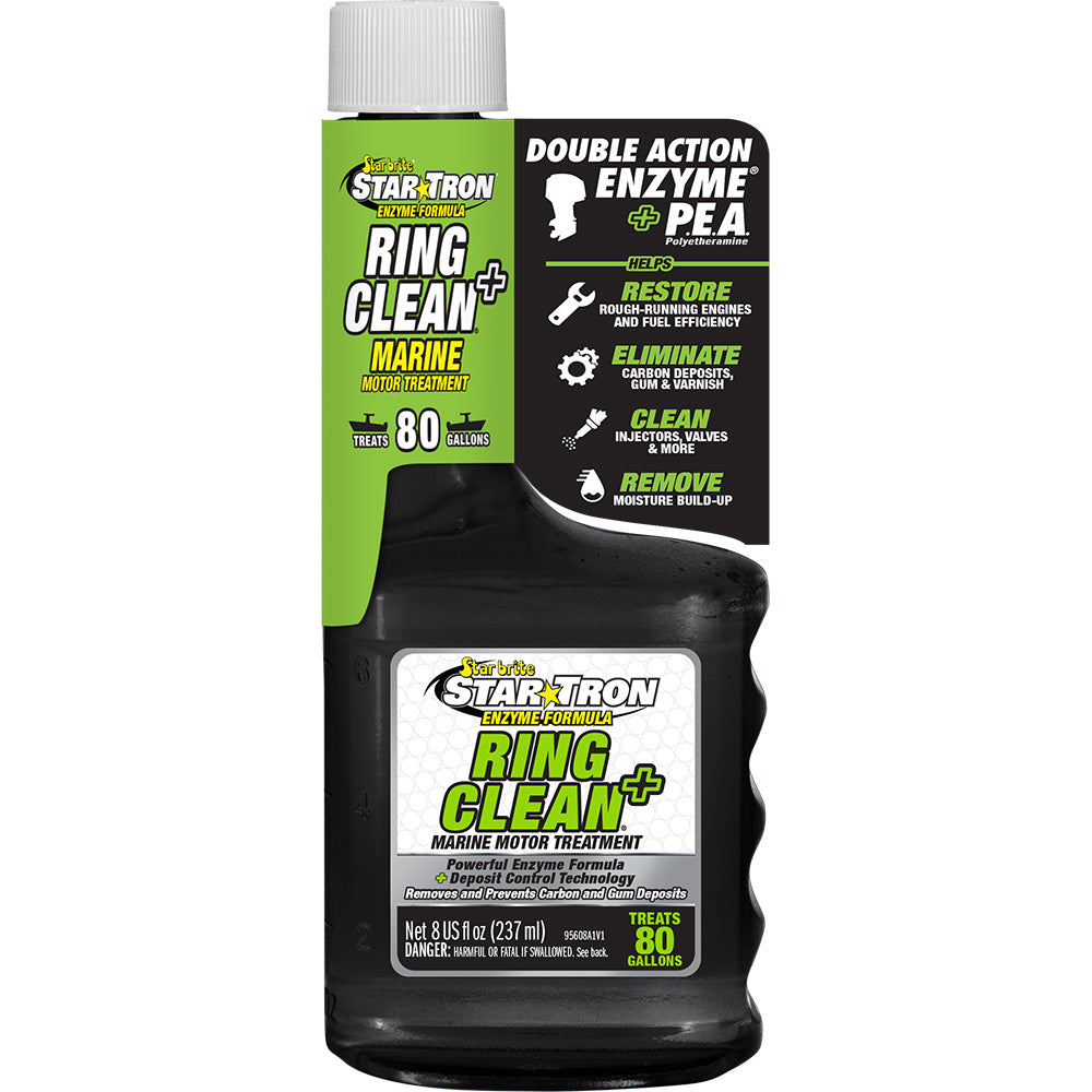 Star brite Star-Tron Ring Clean+ fuel injector cleaner in 8 oz bottle, designed to clean and improve engine fuel systems.
